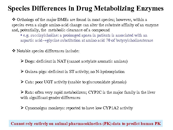 Species Differences in Drug Metabolizing Enzymes v Orthologs of the major DMEs are found