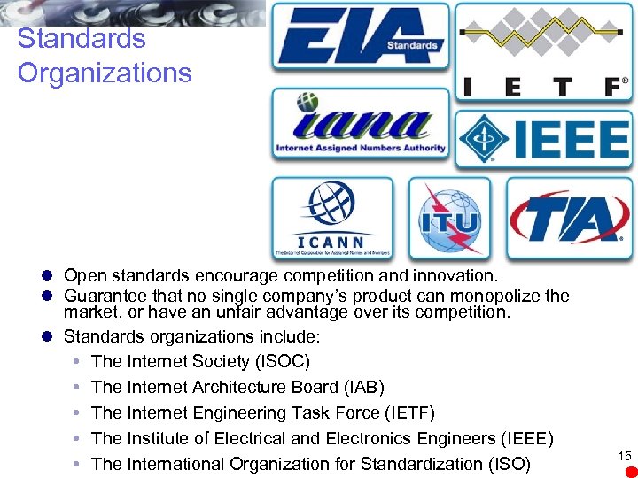 Standards Organizations l Open standards encourage competition and innovation. l Guarantee that no single