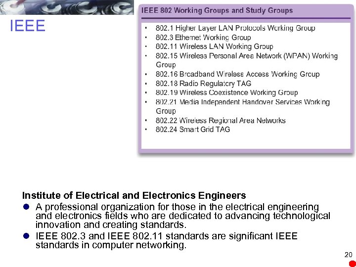 IEEE Institute of Electrical and Electronics Engineers l A professional organization for those in