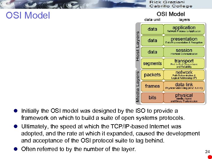 OSI Model l Initially the OSI model was designed by the ISO to provide