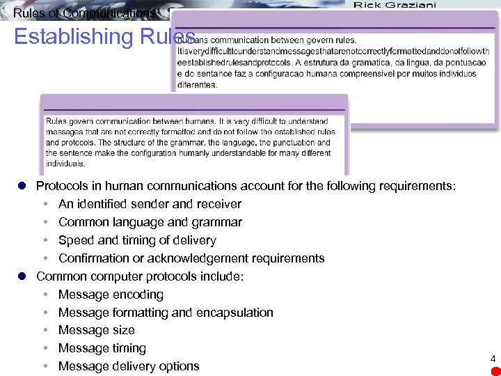 Rules of Communications Establishing Rules l Protocols in human communications account for the following