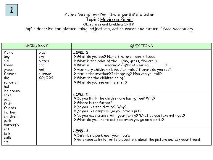 1 Picture Description – Dorit Shulzinger & Meital Sahar Topic: Having a Picnic Objectives