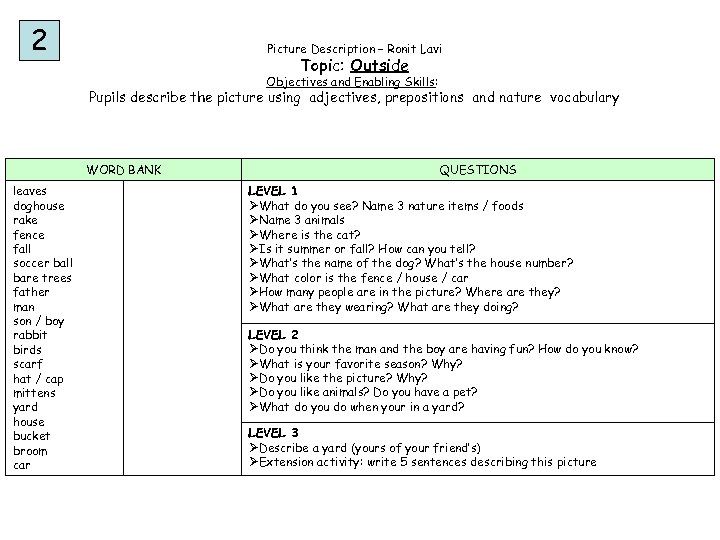 2 Picture Description – Ronit Lavi Topic: Outside Objectives and Enabling Skills: Pupils describe