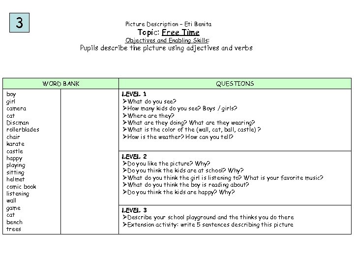 3 Picture Description – Eti Benita Topic: Free Time Objectives and Enabling Skills: Pupils