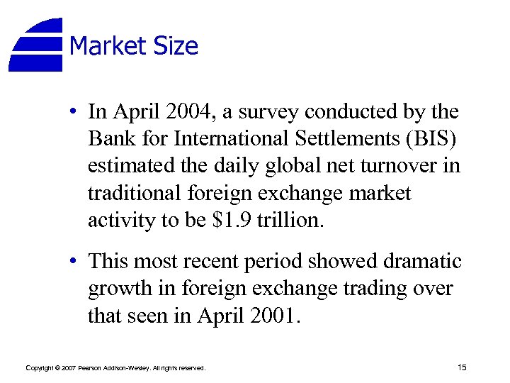 Market Size • In April 2004, a survey conducted by the Bank for International