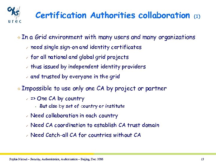 Certification Authorities collaboration ² In (1) a Grid environment with many users and many