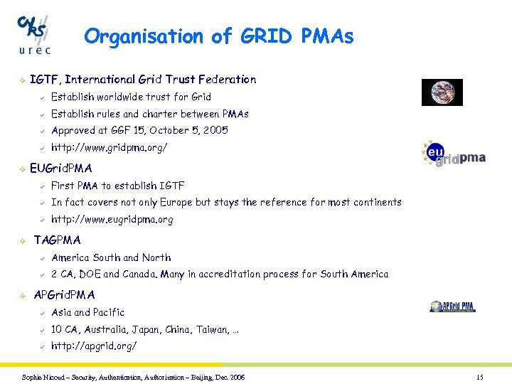 Organisation of GRID PMAs ² IGTF, International Grid Trust Federation ü ü Establish rules