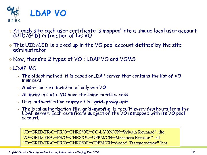 LDAP VO ² At each site each user certificate is mapped into a unique