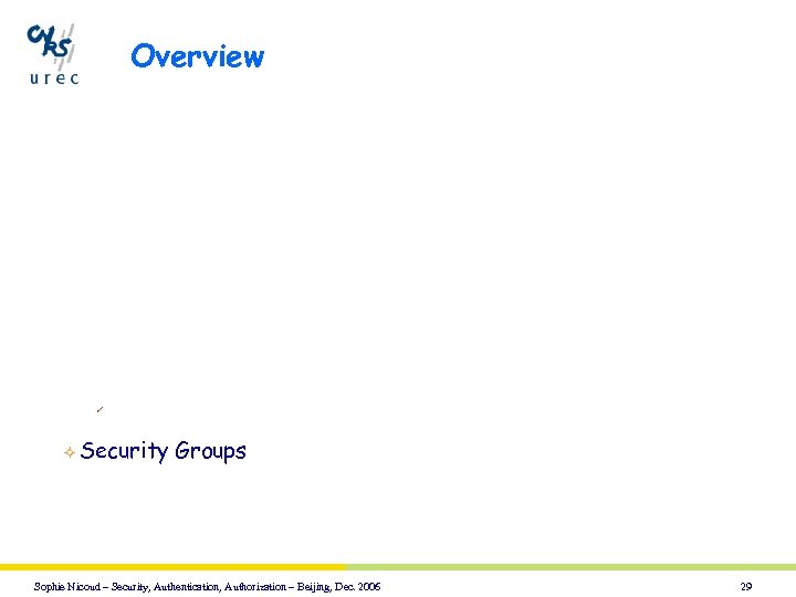 Overview ü ² Security Groups Sophie Nicoud – Security, Authentication, Authorization – Beijing, Dec.