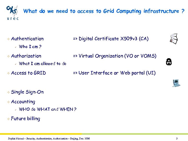 What do we need to access to Grid Computing infrastructure ? ² Authentication ü
