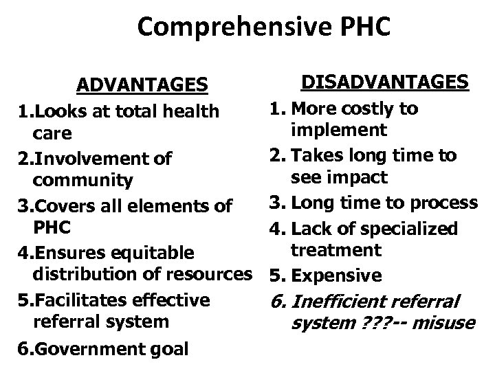 Comprehensive PHC ADVANTAGES 1. Looks at total health care 2. Involvement of community 3.