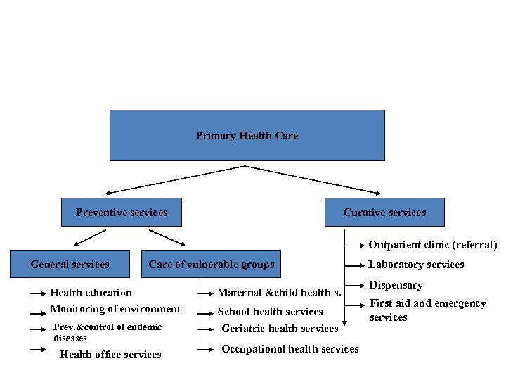 Primary Health Care Preventive services Curative services Outpatient clinic (referral) General services Care of