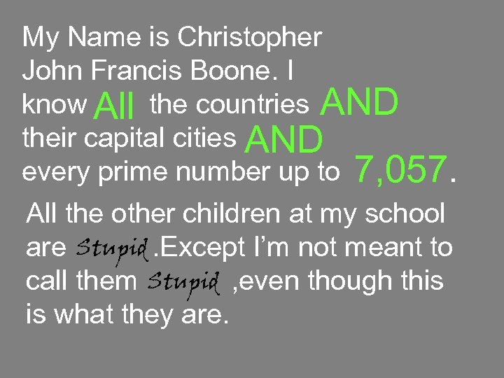 My Name is Christopher John Francis Boone. I know All the countries AND their