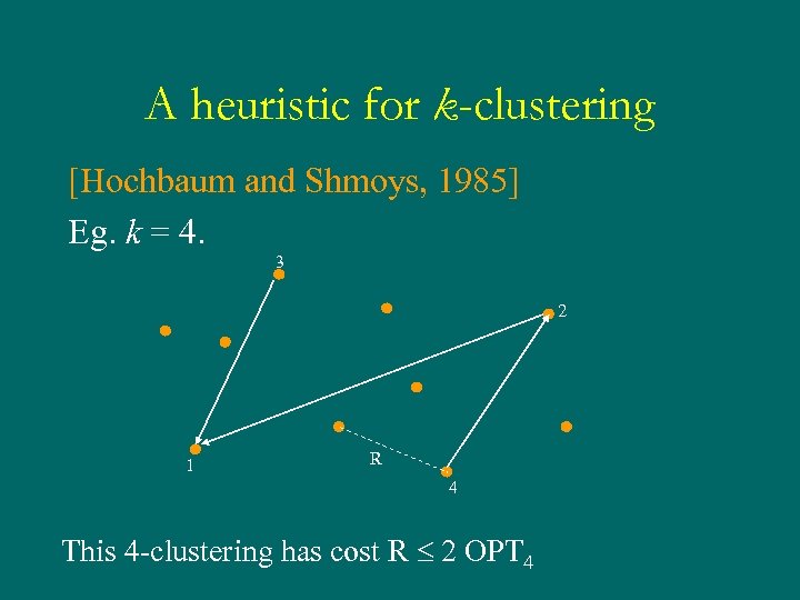 A heuristic for k-clustering [Hochbaum and Shmoys, 1985] Eg. k = 4. 3 2