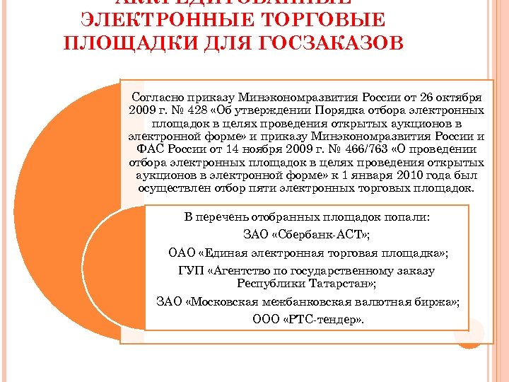 АККРЕДИТОВАННЫЕ ЭЛЕКТРОННЫЕ ТОРГОВЫЕ ПЛОЩАДКИ ДЛЯ ГОСЗАКАЗОВ Согласно приказу Минэкономразвития России от 26 октября 2009