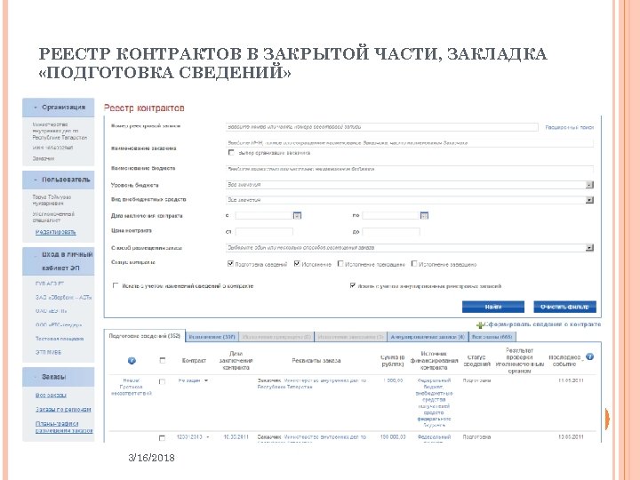 РЕЕСТР КОНТРАКТОВ В ЗАКРЫТОЙ ЧАСТИ, ЗАКЛАДКА «ПОДГОТОВКА СВЕДЕНИЙ» 3/16/2018 43 
