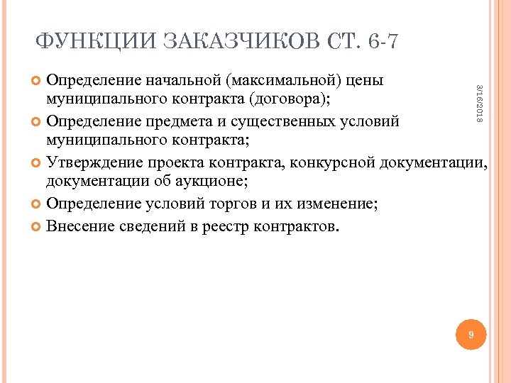ФУНКЦИИ ЗАКАЗЧИКОВ СТ. 6 -7 Определение начальной (максимальной) цены муниципального контракта (договора); Определение предмета