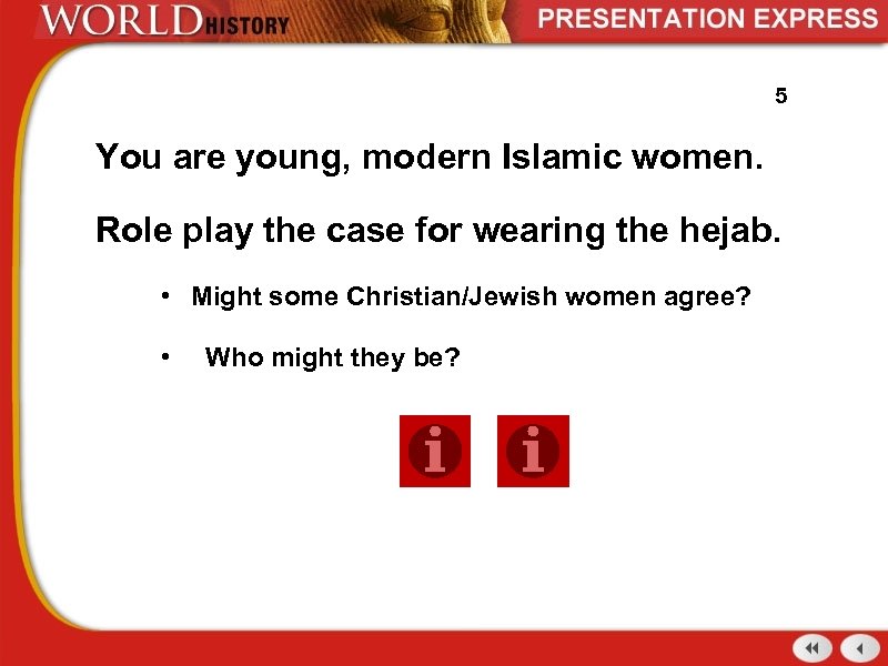 5 You are young, modern Islamic women. Role play the case for wearing the