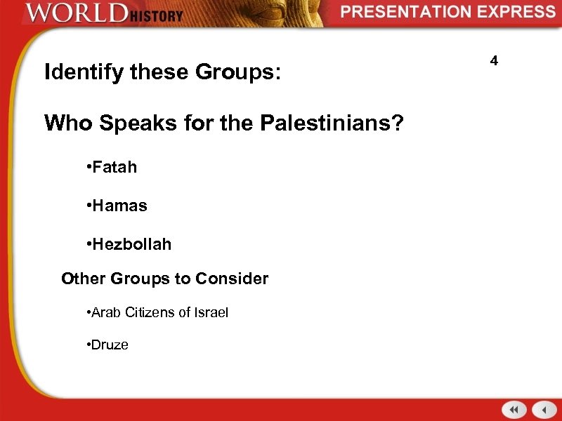 Identify these Groups: Who Speaks for the Palestinians? • Fatah • Hamas • Hezbollah