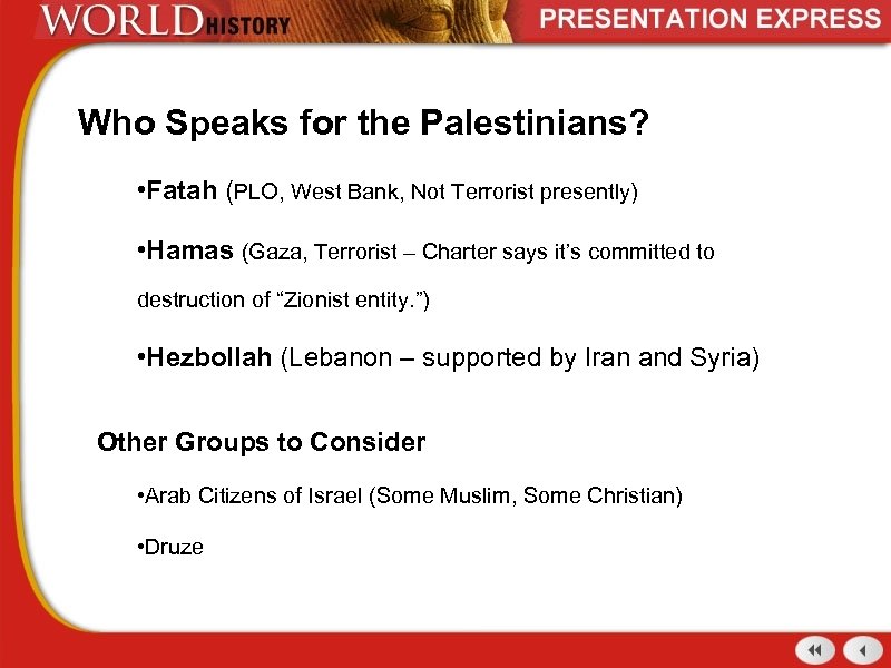 Who Speaks for the Palestinians? • Fatah (PLO, West Bank, Not Terrorist presently) •
