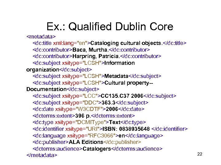 Ex. : Qualified Dublin Core <metadata> <dc: title xml: lang="en">Cataloging cultural objects. </dc: title>