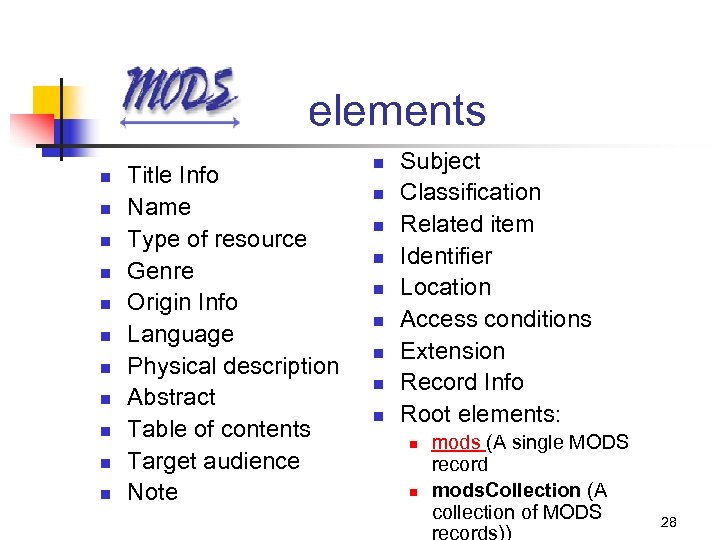 elements n n n Title Info Name Type of resource Genre Origin Info Language