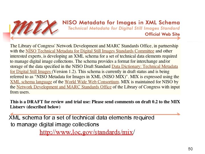 XML schema for a set of technical data elements required to manage digital image