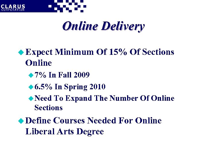 Online Delivery u Expect Minimum Of 15% Of Sections Online u 7% In Fall