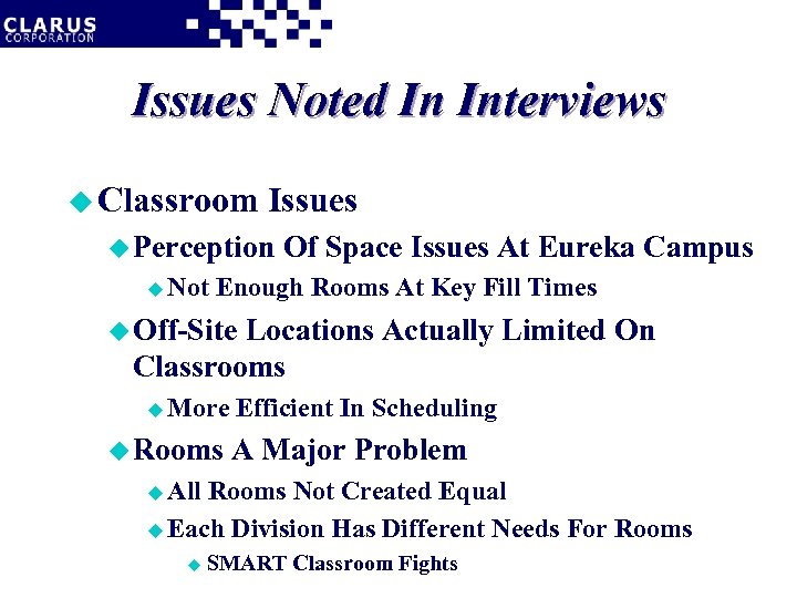 Issues Noted In Interviews u Classroom Issues u Perception u Not Of Space Issues