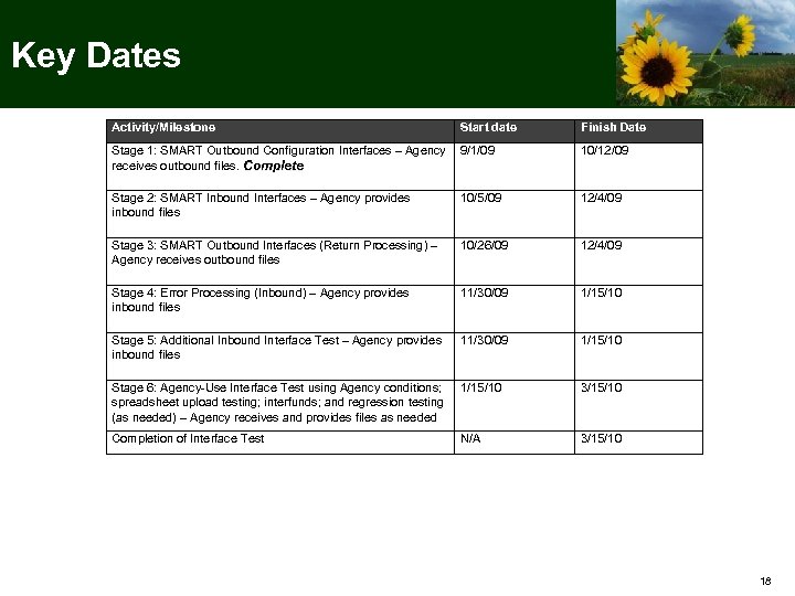 Key Dates Activity/Milestone Start date Finish Date Stage 1: SMART Outbound Configuration Interfaces –