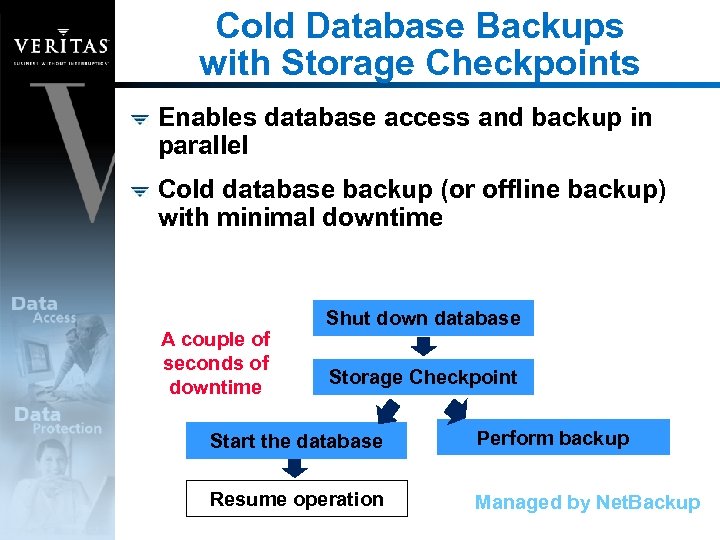 Cold Database Backups with Storage Checkpoints Enables database access and backup in parallel Cold