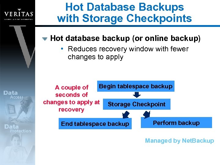 Hot Database Backups with Storage Checkpoints Hot database backup (or online backup) • Reduces