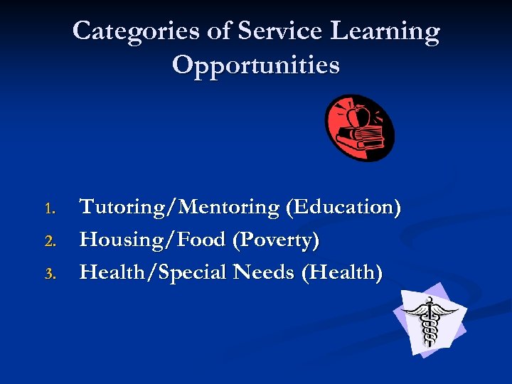 Categories of Service Learning Opportunities 1. 2. 3. Tutoring/Mentoring (Education) Housing/Food (Poverty) Health/Special Needs