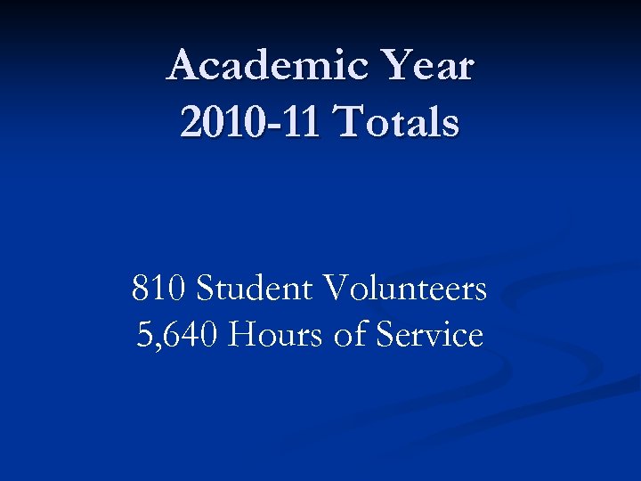 Academic Year 2010 -11 Totals 810 Student Volunteers 5, 640 Hours of Service 