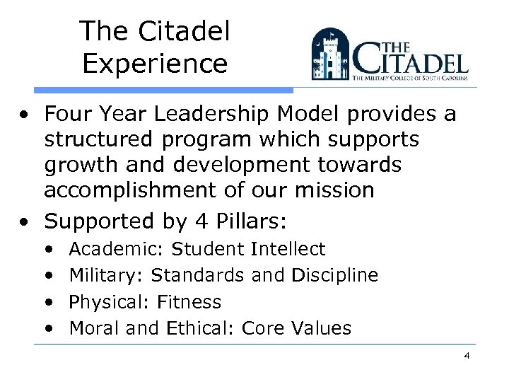 The Citadel Experience • Four Year Leadership Model provides a structured program which supports