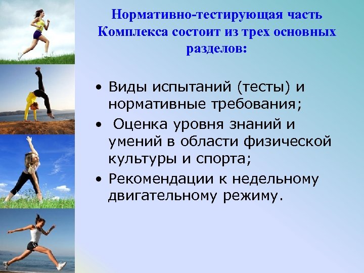 Нормативно-тестирующая часть Комплекса состоит из трех основных разделов: • Виды испытаний (тесты) и нормативные
