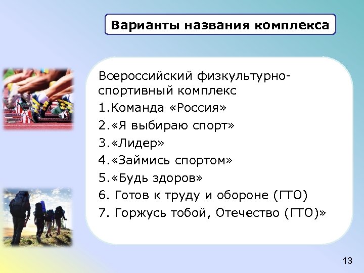 Варианты названия комплекса Всероссийский физкультурноспортивный комплекс 1. Команда «Россия» 2. «Я выбираю спорт» 3.