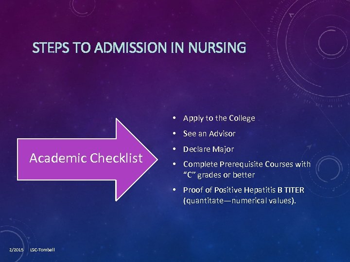 STEPS TO ADMISSION IN NURSING • Apply to the College • See an Advisor