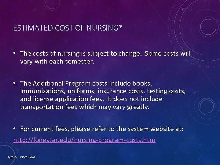 ESTIMATED COST OF NURSING* • The costs of nursing is subject to change. Some