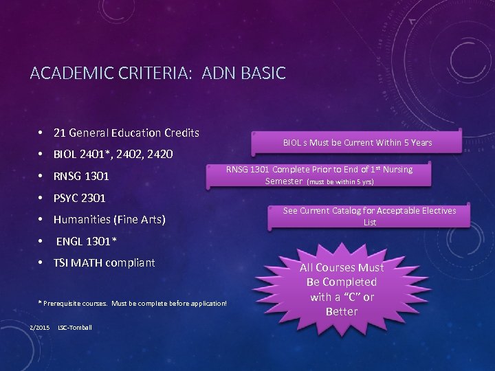 ACADEMIC CRITERIA: ADN BASIC • 21 General Education Credits BIOL s Must be Current