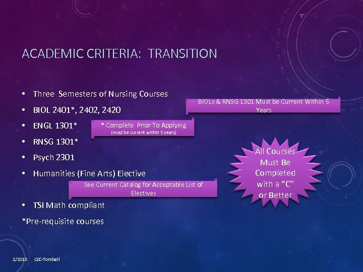 ACADEMIC CRITERIA: TRANSITION • Three Semesters of Nursing Courses • BIOL 2401*, 2402, 2420