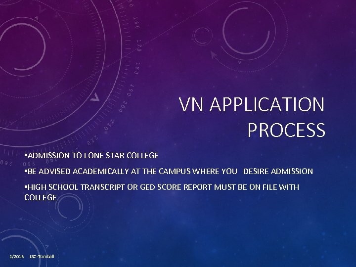 VN APPLICATION PROCESS • ADMISSION TO LONE STAR COLLEGE • BE ADVISED ACADEMICALLY AT