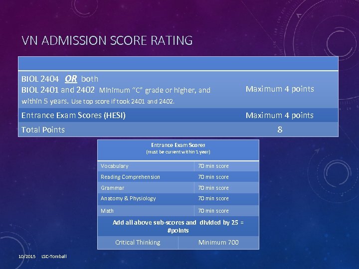 VN ADMISSION SCORE RATING BIOL 2404 OR both BIOL 2401 and 2402 Minimum “C”