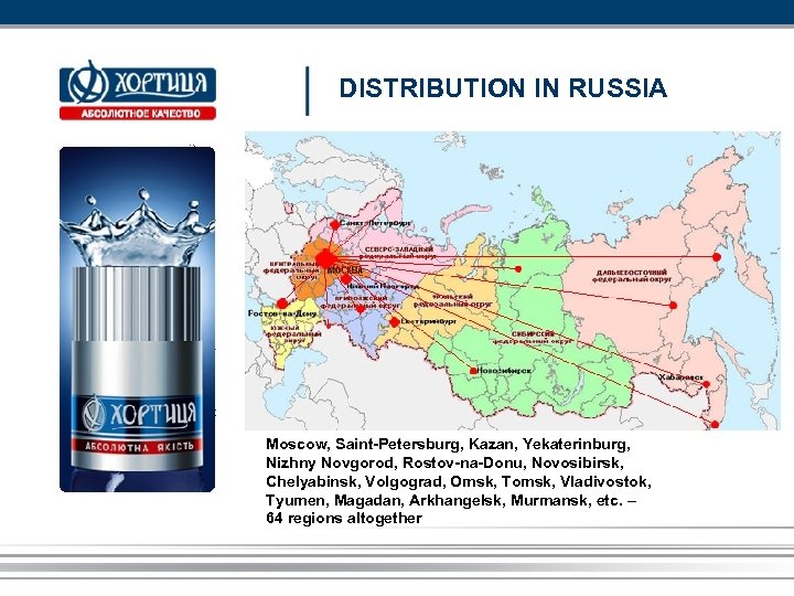 DISTRIBUTION IN RUSSIA Moscow, Saint-Petersburg, Kazan, Yekaterinburg, Nizhny Novgorod, Rostov-na-Donu, Novosibirsk, Chelyabinsk, Volgograd, Omsk,