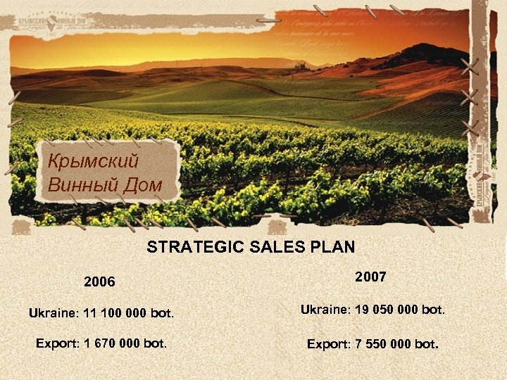Крымский Винный Дом STRATEGIC SALES PLAN 2006 2007 Ukraine: 11 100 000 bot. Ukraine:
