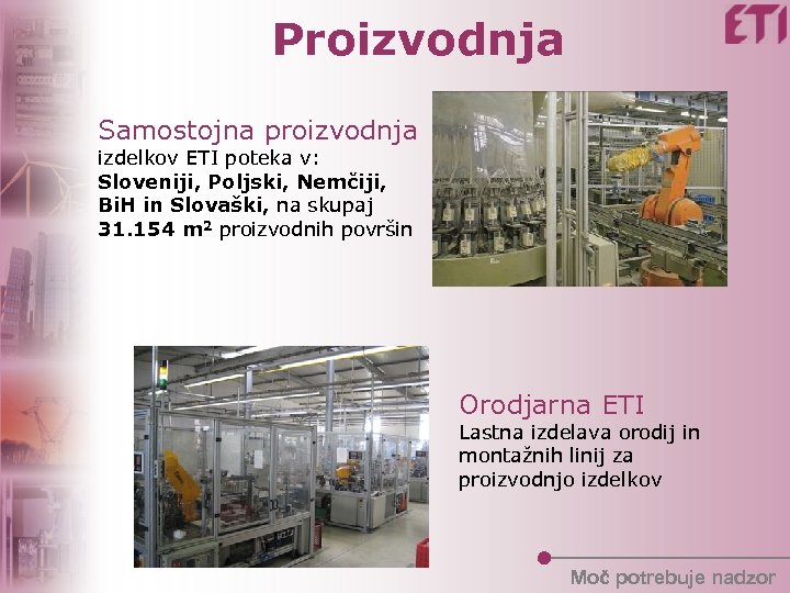 Proizvodnja Samostojna proizvodnja izdelkov ETI poteka v: Sloveniji, Poljski, Nemčiji, Bi. H in Slovaški,