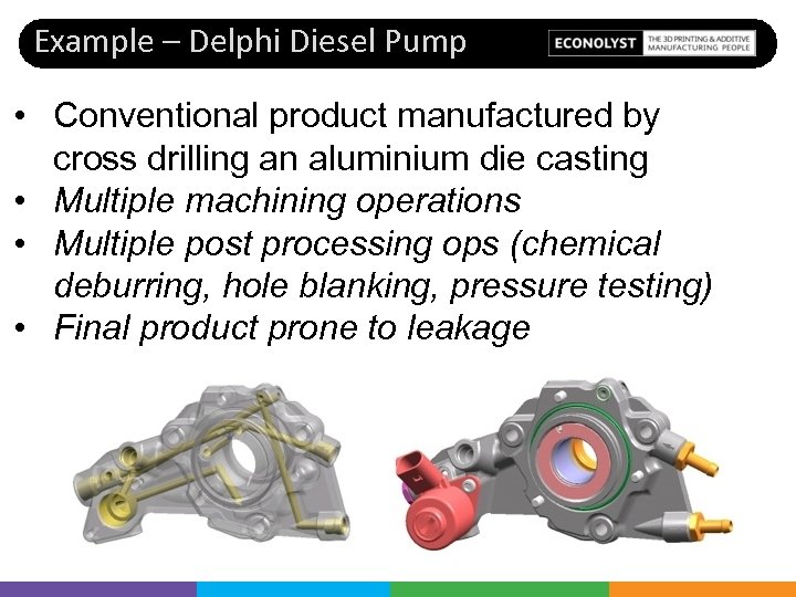 Example – Delphi Diesel Pump • Conventional product manufactured by cross drilling an aluminium