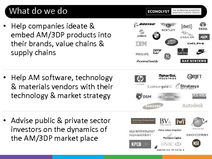 What do we do • Help companies ideate & embed AM/3 DP products into