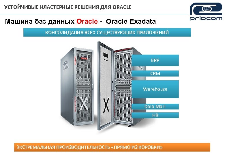 УСТОЙЧИВЫЕ КЛАСТЕРНЫЕ РЕШЕНИЯ ДЛЯ ORACLE Машина баз данных Oracle - Oracle Exadata КОНСОЛИДАЦИЯ ВСЕХ