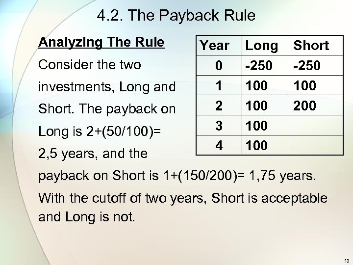 4. 2. The Payback Rule Analyzing The Rule Consider the two investments, Long and